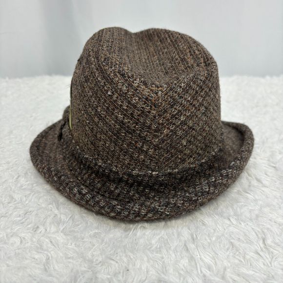 Vtg Bee Hats Tweed 100% Wool Brown Fedora Trilby Hat Sz 7.5 USA w/ Feather - Picture 3 of 6